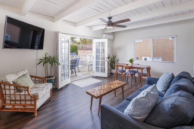 303305 Sanford St, Encinitas, CA 92024 - living area featuring an AC wall unit, french doors, wood finished floors, beam ceiling, and a ceiling fan