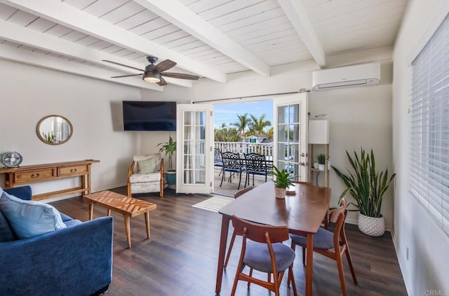 303305 Sanford St, Encinitas, CA 92024 - living room featuring french doors, an AC wall unit, wood finished floors, beamed ceiling, and a ceiling fan