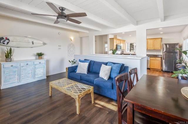 303305 Sanford St, Encinitas, CA 92024 - living area featuring wood finished floors, beamed ceiling, ceiling fan, healthy amount of natural light, and recessed lighting