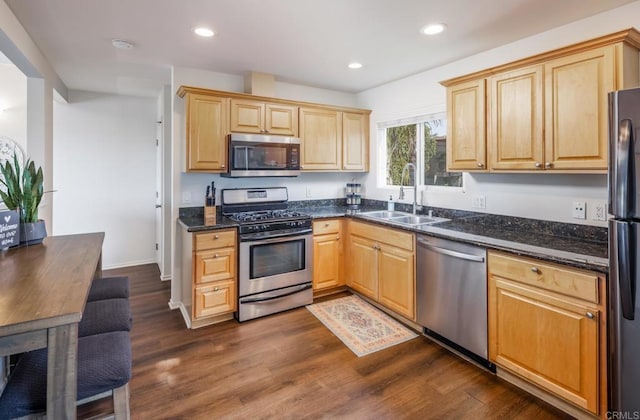 303305 Sanford St, Encinitas, CA 92024 - kitchen featuring stainless steel appliances, a sink, dark wood-type flooring, light brown cabinets, and recessed lighting