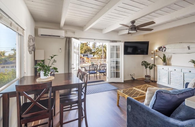 303305 Sanford St, Encinitas, CA 92024 - living area with a wall mounted air conditioner, beamed ceiling, a ceiling fan, wooden ceiling, and wood finished floors
