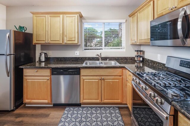 303305 Sanford St, Encinitas, CA 92024 - kitchen with stainless steel appliances, a sink, dark wood-type flooring, light brown cabinetry, and dark stone countertops