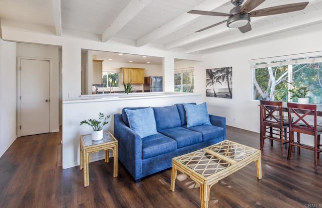 303305 Sanford St, Encinitas, CA 92024 - living room featuring beam ceiling, a ceiling fan, wood finished floors, baseboards, and recessed lighting