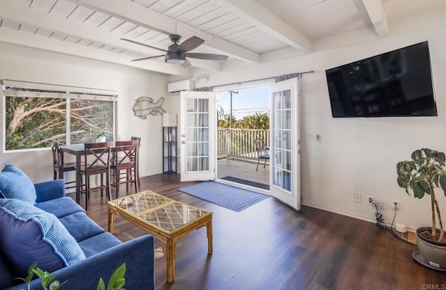 303305 Sanford St, Encinitas, CA 92024 - living room featuring a wall unit AC, plenty of natural light, baseboards, wood finished floors, and beamed ceiling