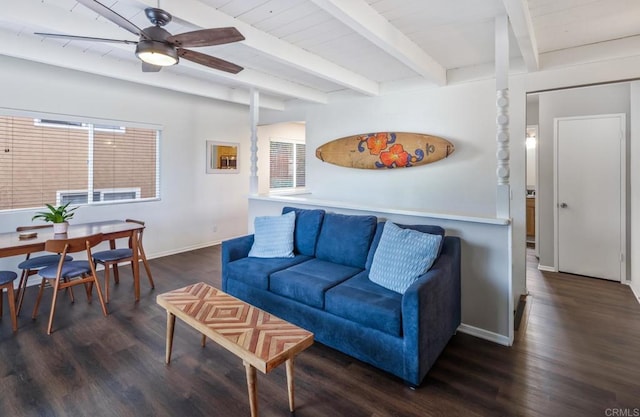 303305 Sanford St, Encinitas, CA 92024 - living room featuring wood finished floors, a ceiling fan, healthy amount of natural light, and beam ceiling