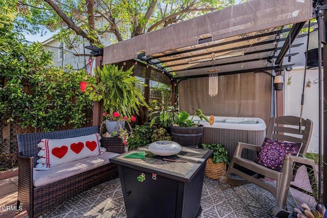 view of patio featuring a pergola, central air condition unit, and a hot tub