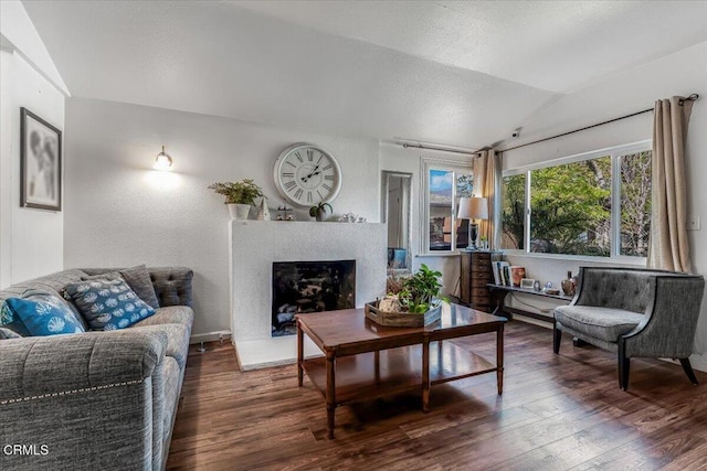 living area featuring a textured ceiling, lofted ceiling, wood finished floors, and a fireplace