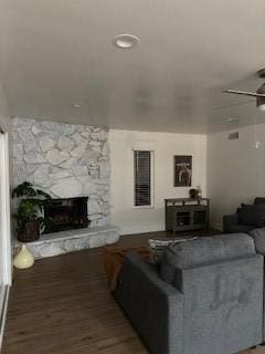 340 Foxenwood Dr, Santa Maria, CA 93455 - living room with a stone fireplace, ceiling fan, and wood finished floors