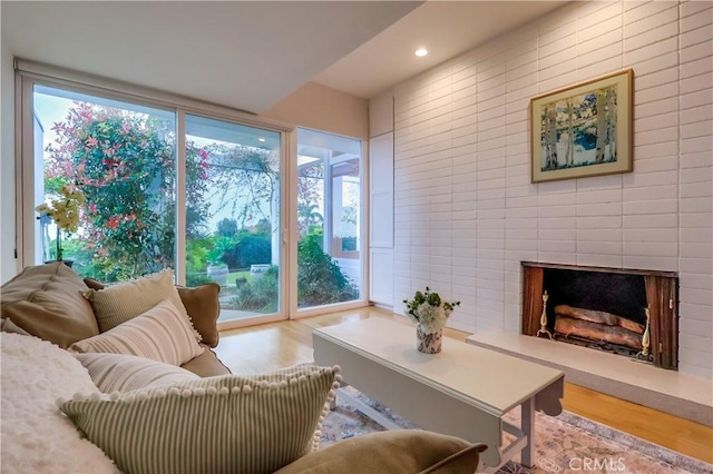 living room featuring wood finished floors, a fireplace, and recessed lighting