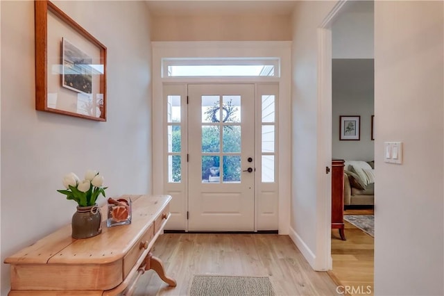 entrance foyer with a wealth of natural light, light wood-style flooring, and baseboards