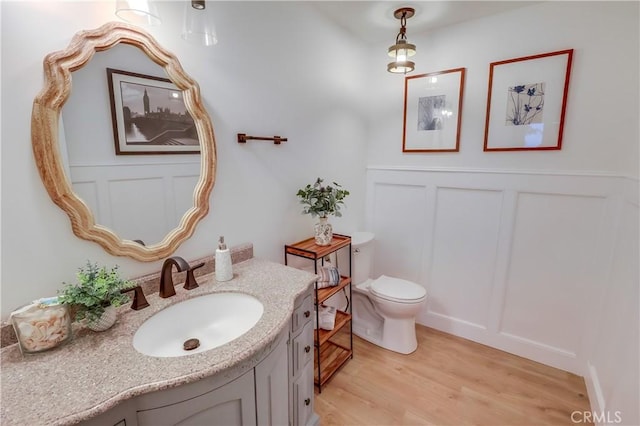 half bathroom featuring toilet, a decorative wall, wood finished floors, vanity, and wainscoting