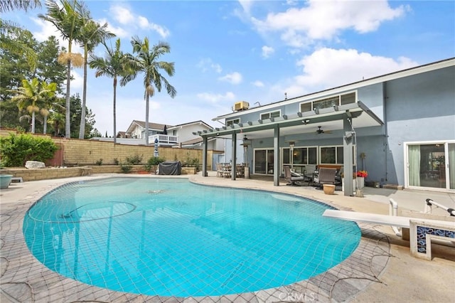 710 W Country Hills Dr W, La Habra, CA 90631 - view of pool with a patio, a fenced backyard, ceiling fan, and a fenced in pool