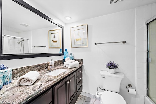 26056 Vista Dr E Unit 64, Dana Point, CA 92624 - full bath with marble finish floor, a shower with door, visible vents, toilet, and vanity