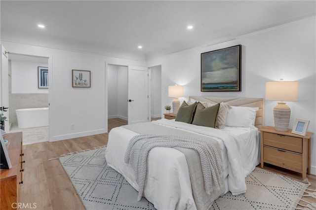 3649 Mount Vernon Dr, View Park, CA 90008 - bedroom with baseboards, ensuite bath, light wood-style flooring, and recessed lighting