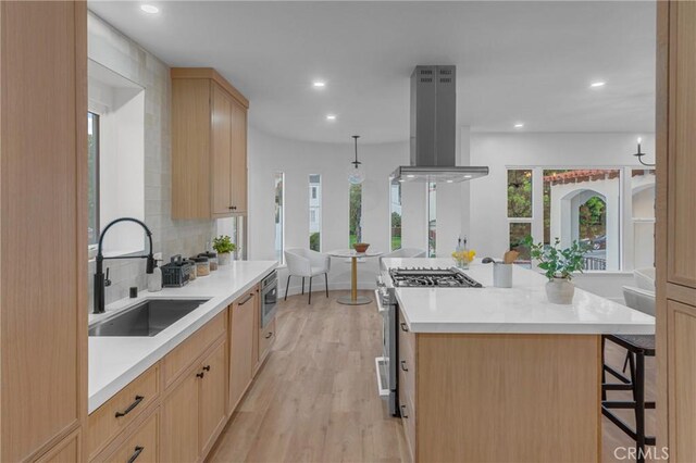 3649 Mount Vernon Dr, View Park, CA 90008 - kitchen with appliances with stainless steel finishes, light brown cabinets, island range hood, a sink, and backsplash