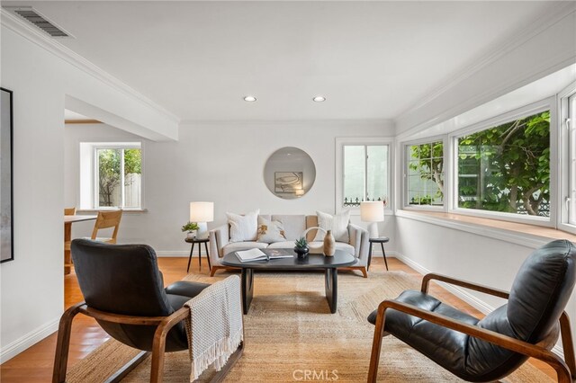 3569 Kelton Ave, Los Angeles, CA 90034 - living room with crown molding, baseboards, light wood-style floors, and recessed lighting