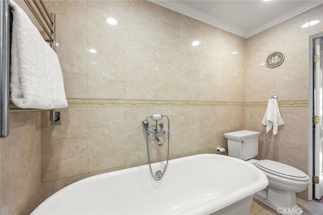 3569 Kelton Ave, Los Angeles, CA 90034 - full bath with tile walls, a soaking tub, toilet, and crown molding