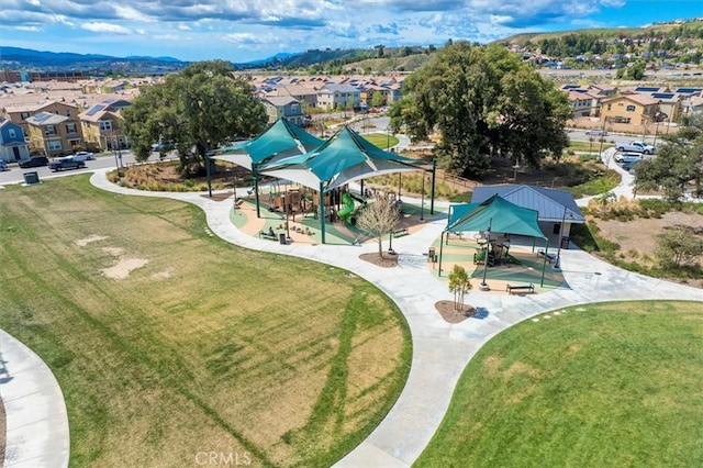 drone / aerial view with a mountain view and a residential view