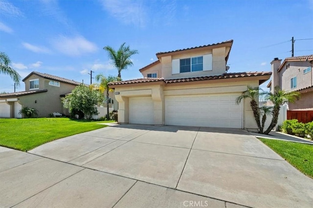 23403 Mountain Song, Murrieta, CA 92562 - mediterranean / spanish-style house featuring a garage, stucco siding, a front lawn, a tile roof, and concrete driveway