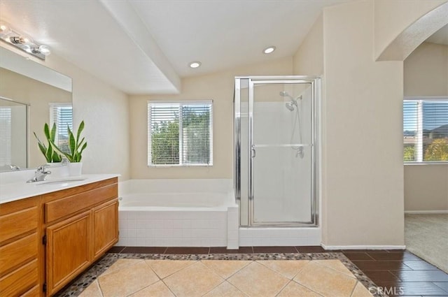 23403 Mountain Song, Murrieta, CA 92562 - bathroom with a bath, a stall shower, vanity, and tile patterned flooring