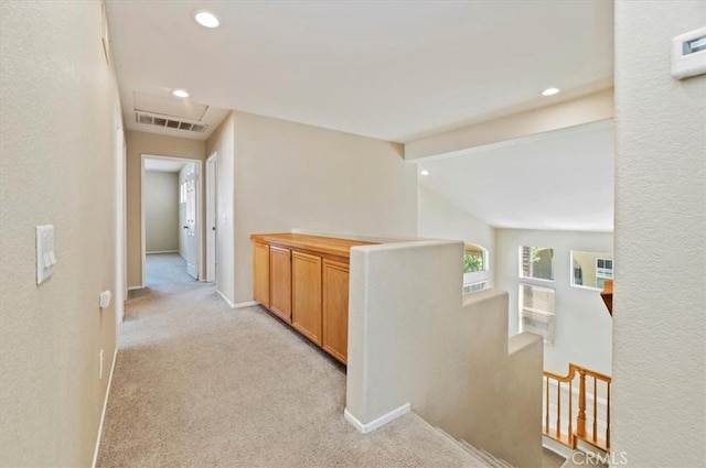 23403 Mountain Song, Murrieta, CA 92562 - corridor featuring light carpet, vaulted ceiling with beams, visible vents, and recessed lighting