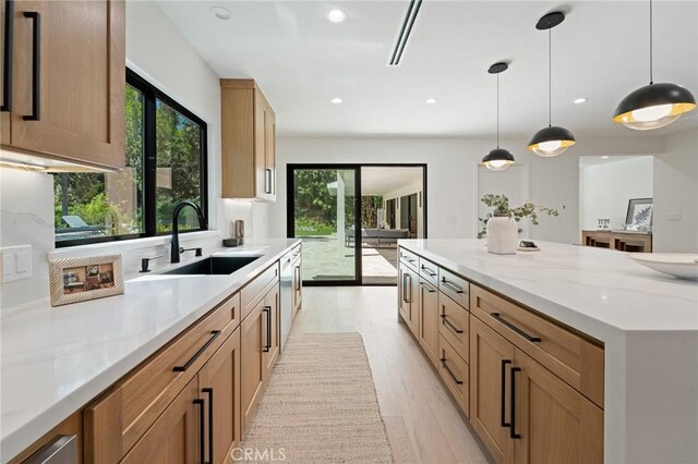 kitchen with light wood-style floors, a sink, pendant lighting, and a healthy amount of sunlight