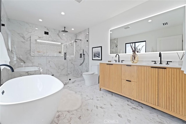 full bath featuring recessed lighting, a marble finish shower, visible vents, marble finish floor, and a sink