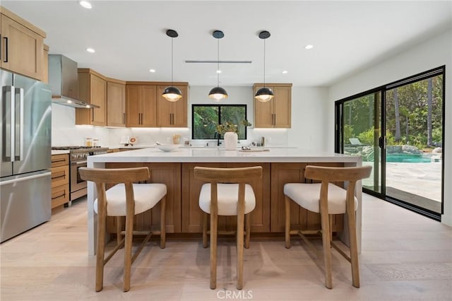kitchen with stainless steel appliances, light countertops, plenty of natural light, and wall chimney range hood