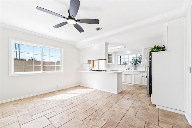 10022 Bismark Dr, Huntington Beach, CA 92646 - kitchen featuring light countertops, white cabinetry, a peninsula, baseboards, and visible vents