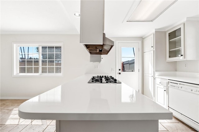 10022 Bismark Dr, Huntington Beach, CA 92646 - kitchen with light countertops, black gas cooktop, white dishwasher, glass insert cabinets, and ventilation hood