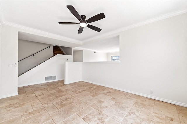 10022 Bismark Dr, Huntington Beach, CA 92646 - unfurnished room featuring stairway, a ceiling fan, baseboards, visible vents, and ornamental molding