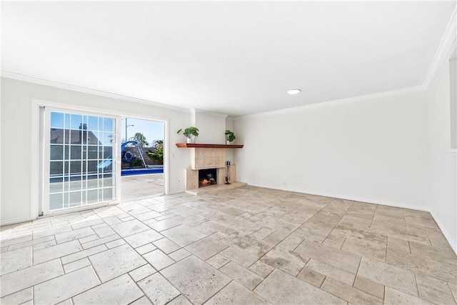 10022 Bismark Dr, Huntington Beach, CA 92646 - unfurnished living room featuring a fireplace, ornamental molding, and baseboards