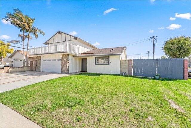 10022 Bismark Dr, Huntington Beach, CA 92646 - view of front of home with driveway, an attached garage, fence, a front lawn, and a balcony