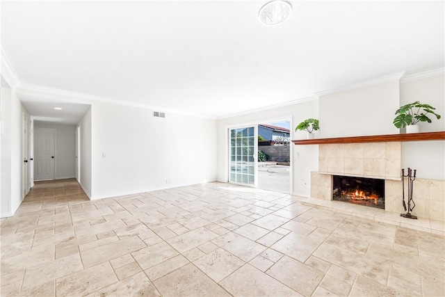 10022 Bismark Dr, Huntington Beach, CA 92646 - unfurnished living room featuring baseboards, visible vents, crown molding, and a tile fireplace