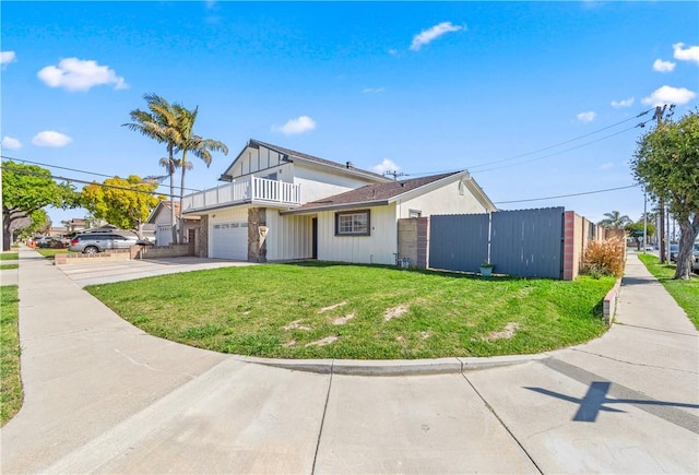 10022 Bismark Dr, Huntington Beach, CA 92646 - view of front of house with a balcony, fence, a garage, a front lawn, and driveway