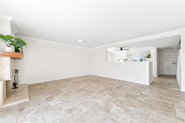 10022 Bismark Dr, Huntington Beach, CA 92646 - unfurnished living room with baseboards, crown molding, and a ceiling fan