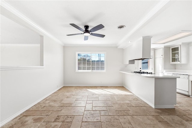 10022 Bismark Dr, Huntington Beach, CA 92646 - kitchen featuring range hood, gas cooktop, glass insert cabinets, white cabinetry, and white dishwasher