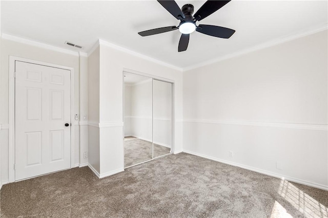 10022 Bismark Dr, Huntington Beach, CA 92646 - unfurnished bedroom with crown molding, a closet, carpet floors, visible vents, and ceiling fan