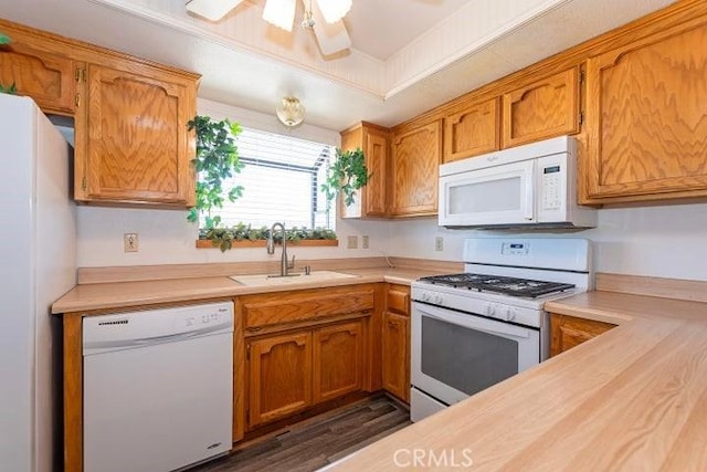 kitchen featuring light countertops, a sink, and white appliances