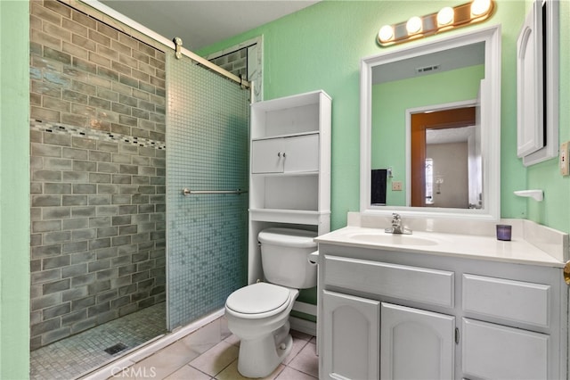 full bath with tile patterned flooring, vanity, toilet, visible vents, and tiled shower