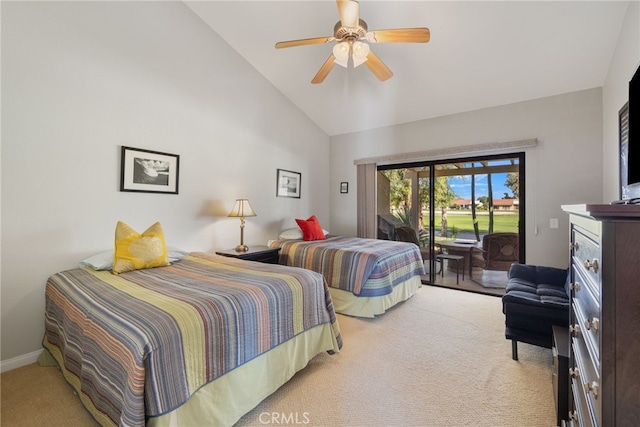 40310 Bay Hill Way, Palm Desert, CA 92211 - bedroom featuring high vaulted ceiling, carpet floors, a ceiling fan, access to outside, and baseboards