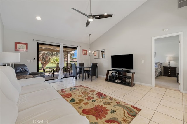 40310 Bay Hill Way, Palm Desert, CA 92211 - living room with high vaulted ceiling, light tile patterned floors, baseboards, visible vents, and ceiling fan