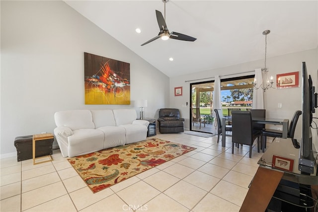 40310 Bay Hill Way, Palm Desert, CA 92211 - living area featuring light tile patterned floors, high vaulted ceiling, ceiling fan with notable chandelier, and recessed lighting