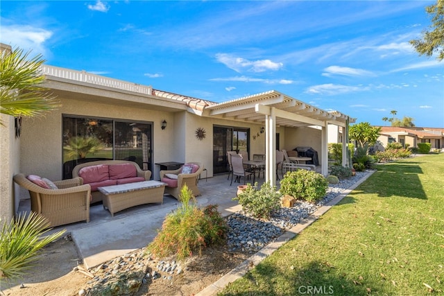 40310 Bay Hill Way, Palm Desert, CA 92211 - back of house featuring outdoor lounge area, stucco siding, a patio area, and a pergola