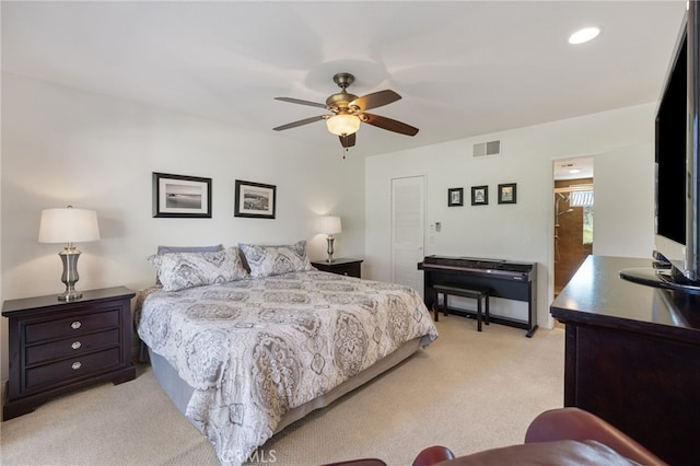 40310 Bay Hill Way, Palm Desert, CA 92211 - bedroom with a ceiling fan, recessed lighting, light colored carpet, and visible vents