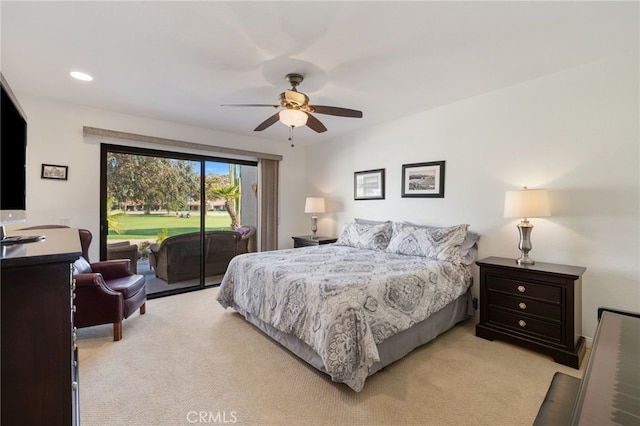 40310 Bay Hill Way, Palm Desert, CA 92211 - bedroom featuring a ceiling fan, access to exterior, light colored carpet, and recessed lighting