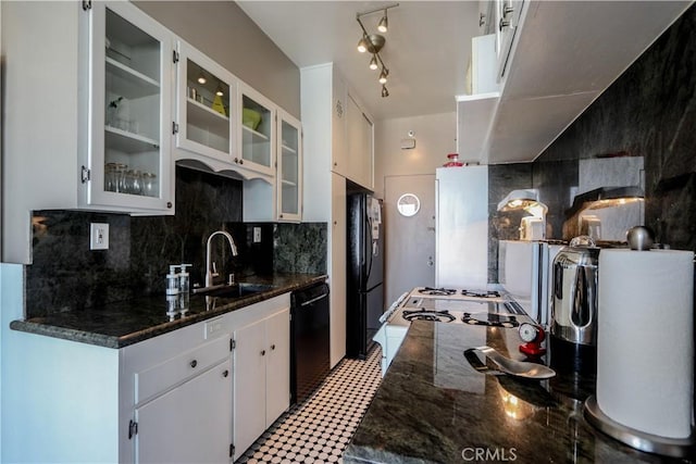 800 E Ocean Blvd Unit 1404, Long Beach, CA 90802 - kitchen with black appliances, white cabinets, tasteful backsplash, glass insert cabinets, and dark stone counters