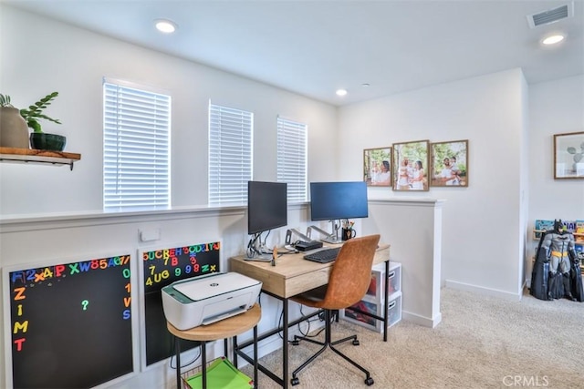 carpeted office featuring baseboards, visible vents, a healthy amount of sunlight, and recessed lighting