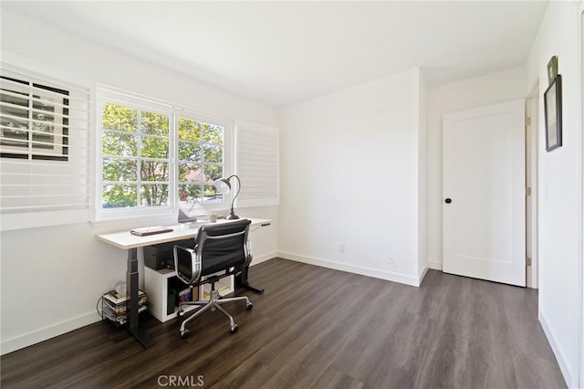 office featuring baseboards and dark wood finished floors
