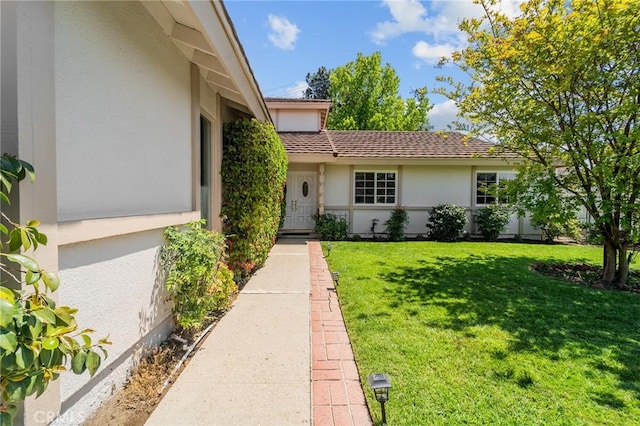 view of front of home with stucco siding and a front lawn